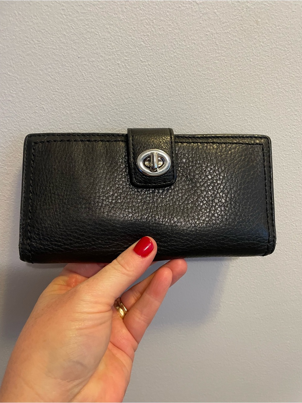 Coach Black Pebble Leather Key & Card Holder with Silver Turn-Lock